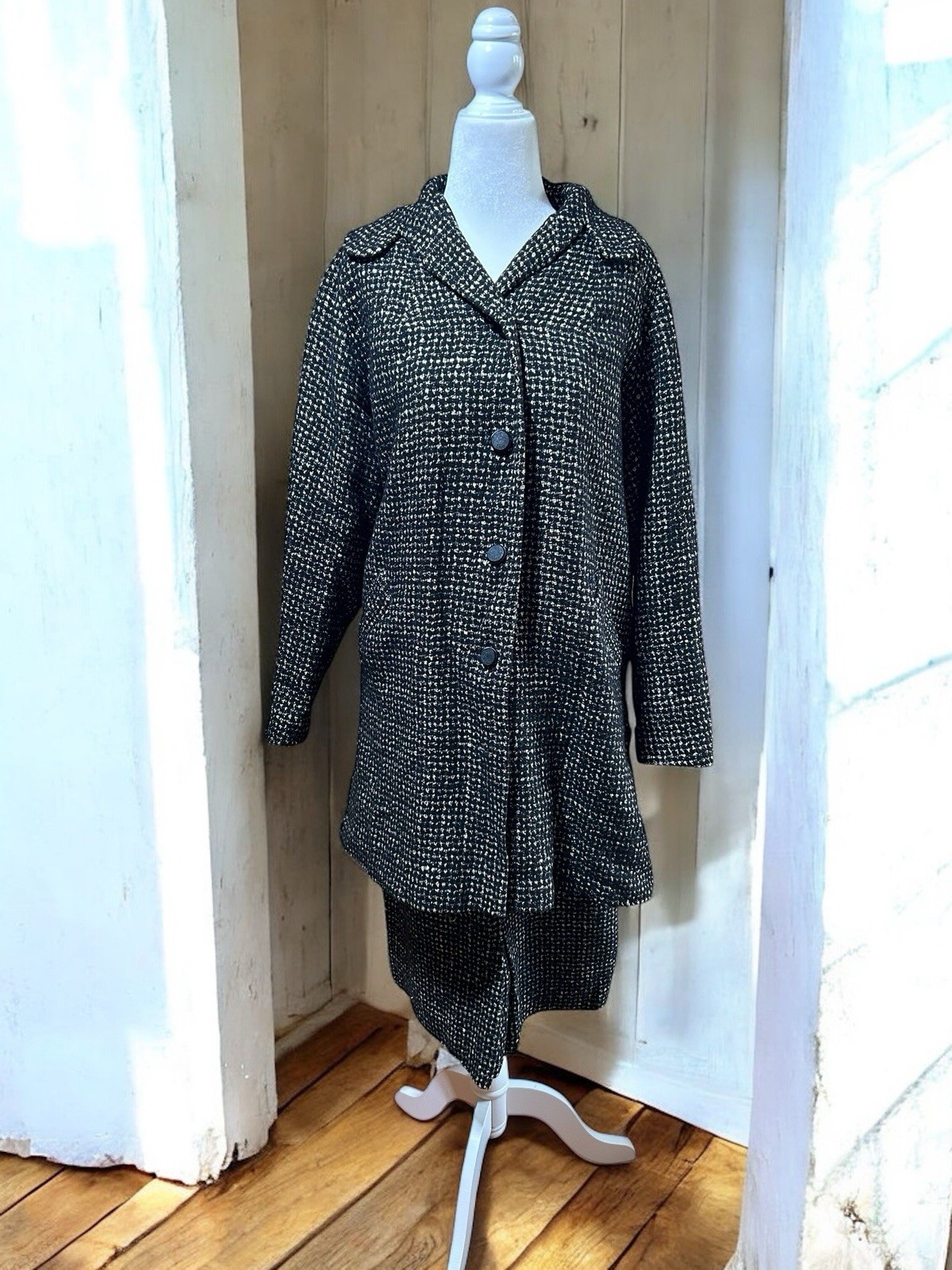 Vtg 1950s Town Talk Original Black White Bouclé Wool Tweed Skirt Suit 28”W Fall
