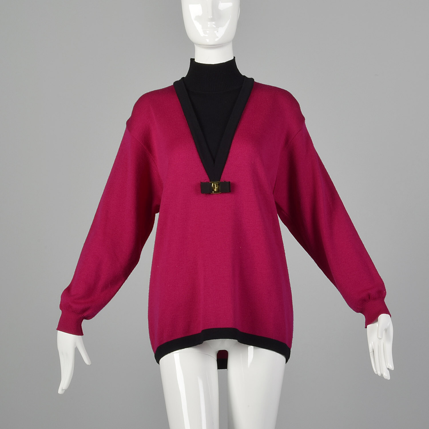 XL Ferragamo Pink Sweater 1990s Designer Turtleneck Magenta Black Bow 90s VTG