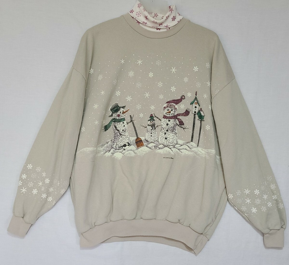 Vintage Art Unlimited Womens 2XL Turtleneck Sweatshirt Snowflake Snowman AOP USA