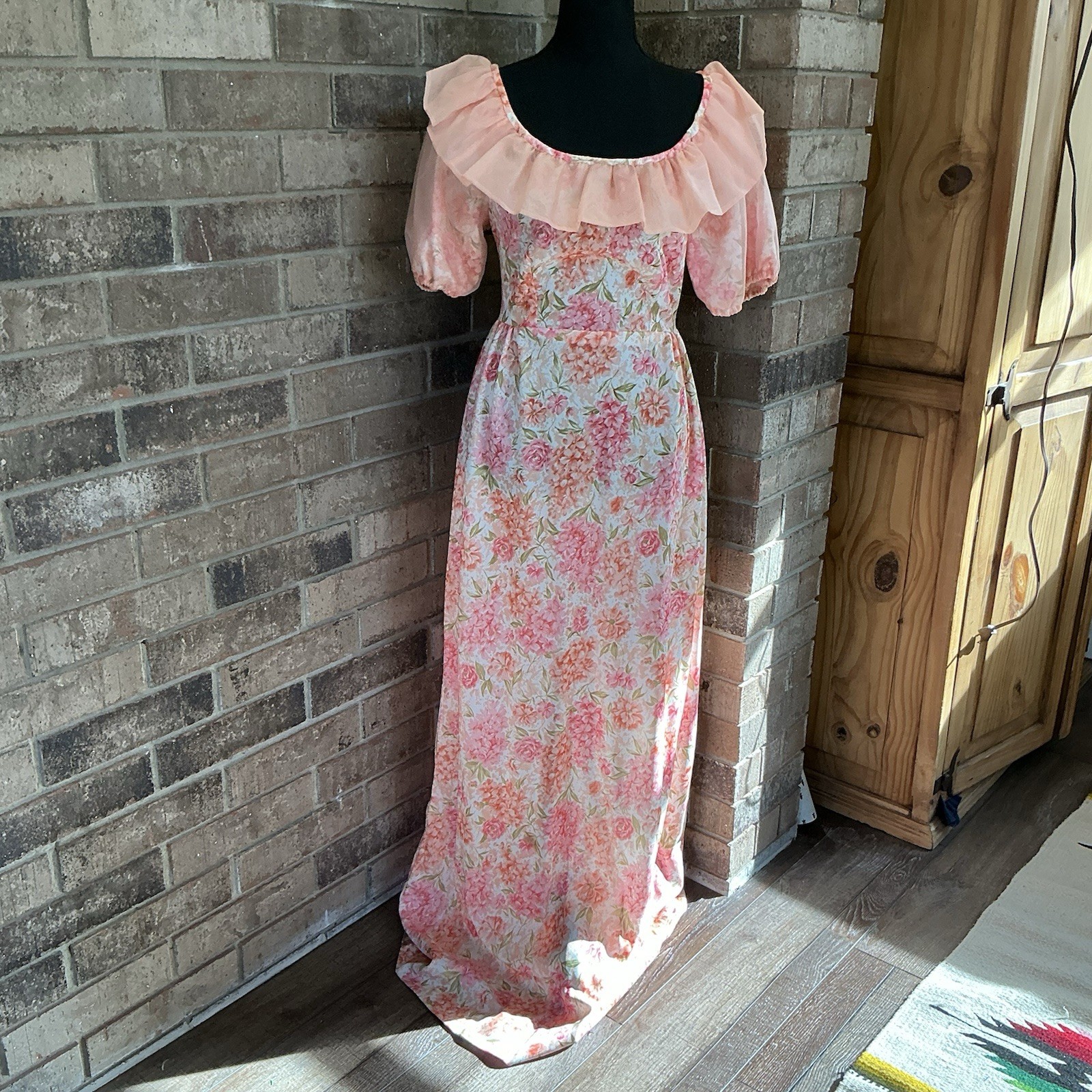 Floral Cottagecore Maxi Dress Women’s XS Prairie Ruffle Collar Puff Sleeve #12C7