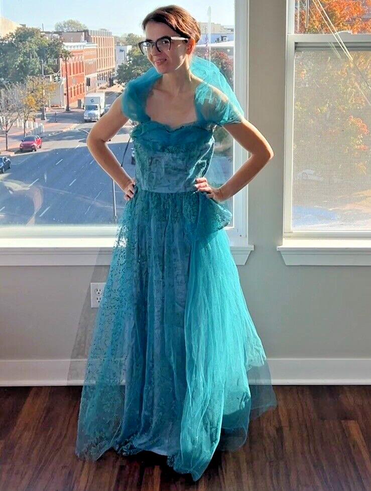 Vintage 1950s Teal Strapless Crumb Catcher Tulle Lace Prom Dress Party Shawl S/M