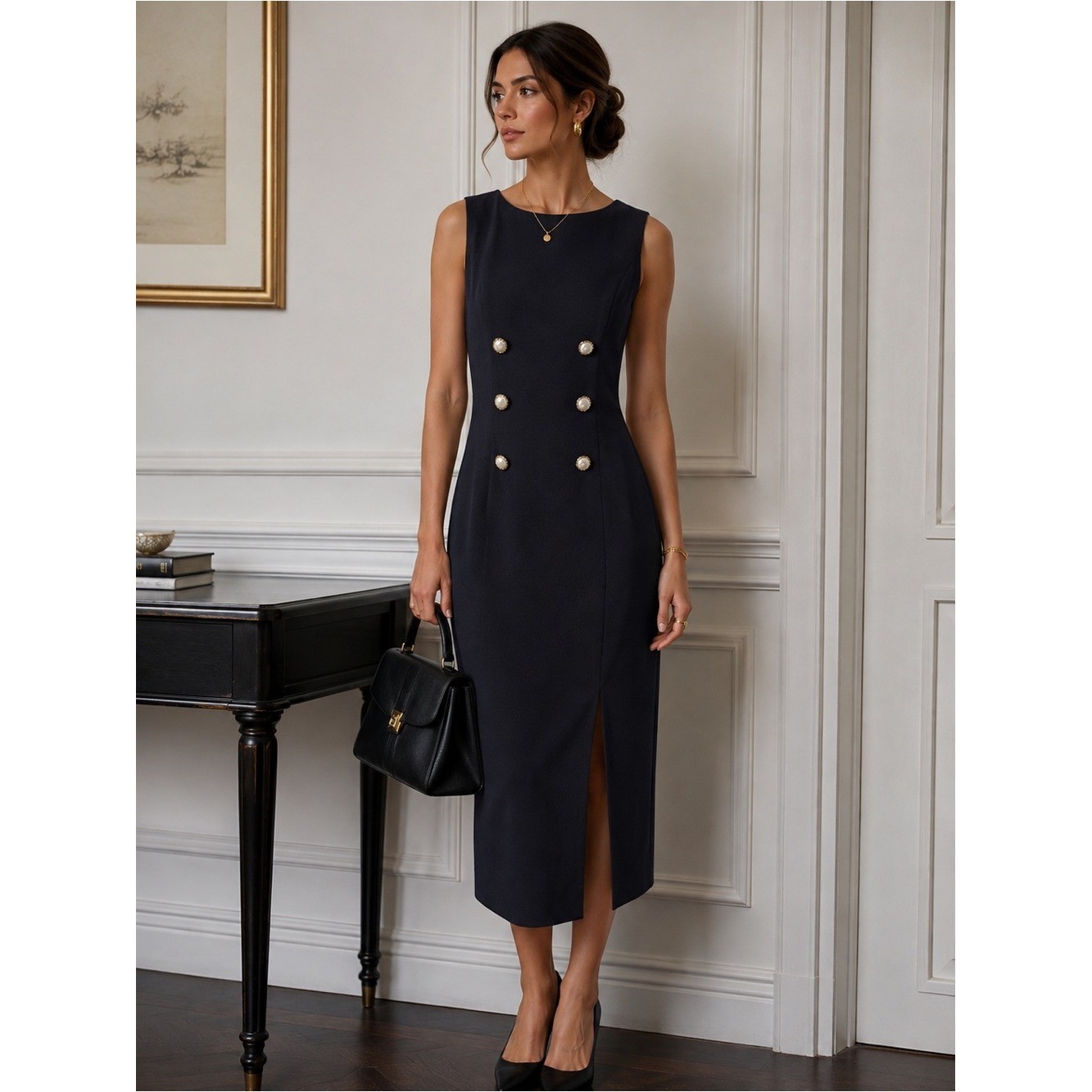 Vintage Late Edition Ltd Navy Maxi Dress Size 10 NWT Pearl Button Made USA