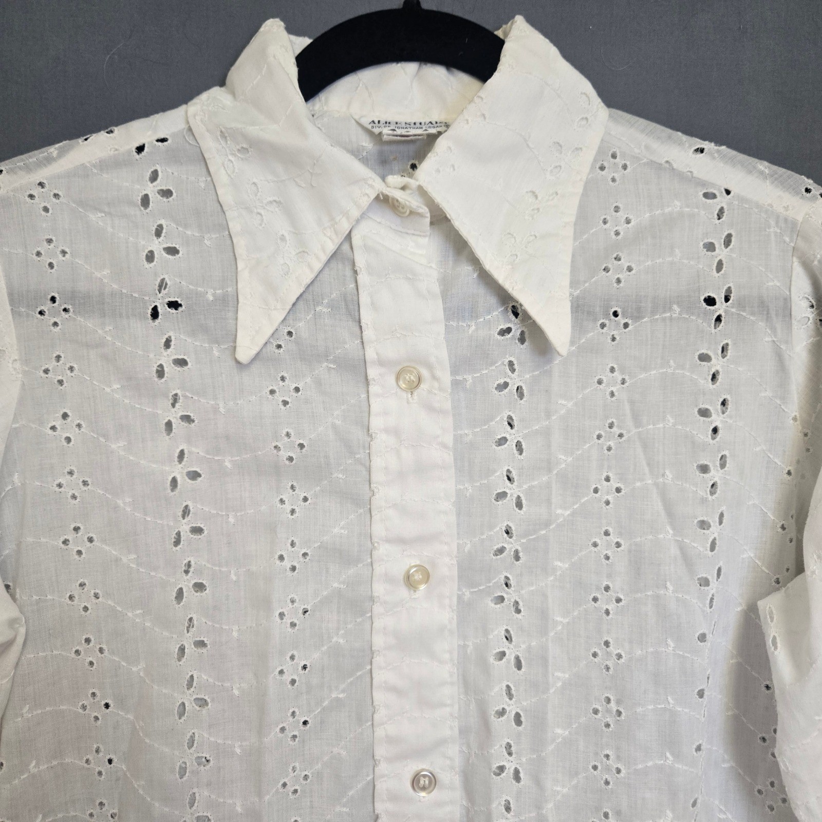 Vintage Alice Stuart 16 White Eyelet Lace Dagger Collar Ruffle Cuff Blouse 70s