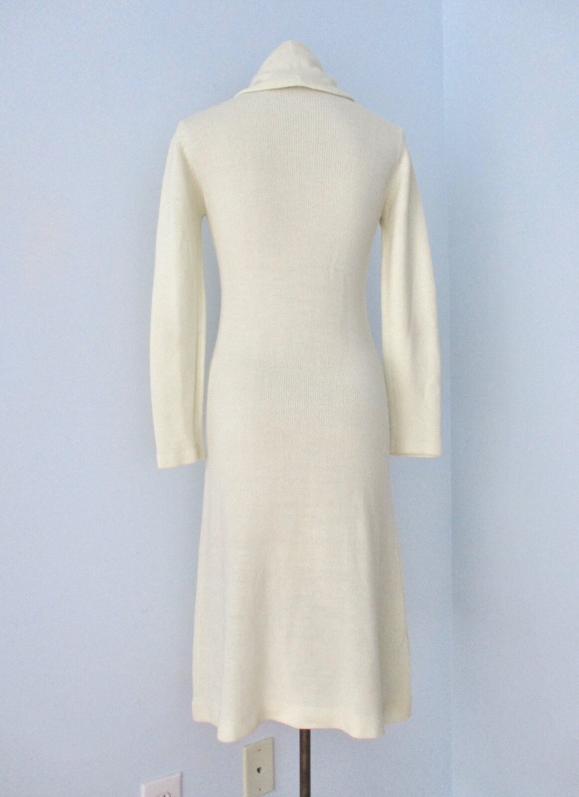 Vtg 70s Ivory 2-Pc Disco Cowl Neck Sweater Dress Blue Tribal Stripe Tunic Vest 8