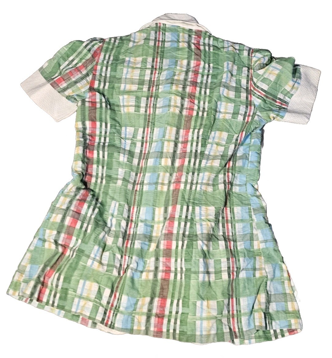 VTG Sears Fashions Shortsleeve Blouse Plaid Pastel Green Collared Cotton 70s 14