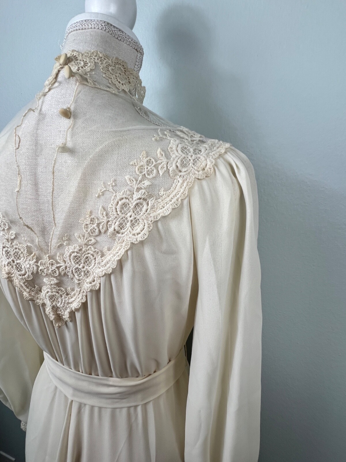 Vintage Cream Lace High Neck Maxi Dress Long Sleeve Victorian Style