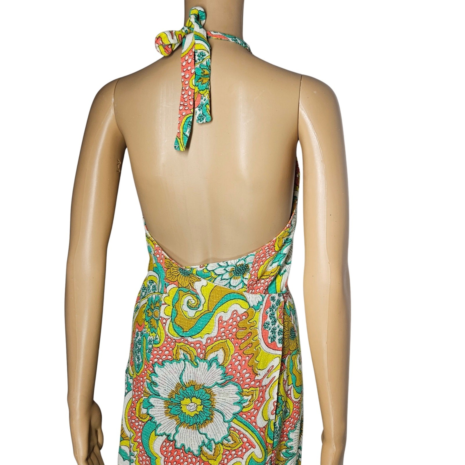 70s Wrap Maxi Dress Yellow Handmade Floral Vintage Strappy Backless 2 pc Size S