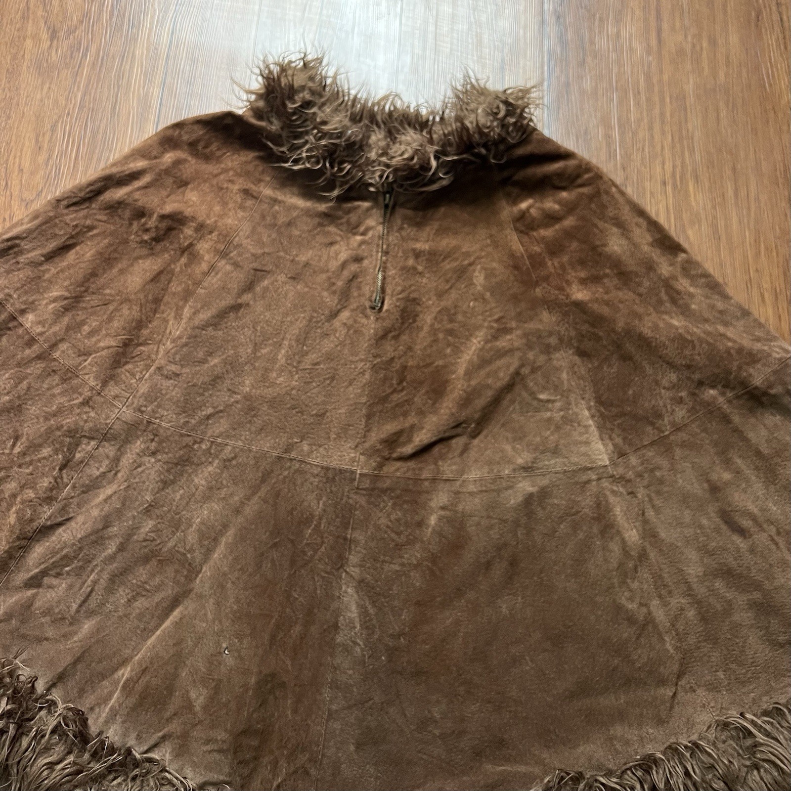 Vintage Suede Leather Poncho Fringe Brown Womens Boho Festival Western Y2K 90s