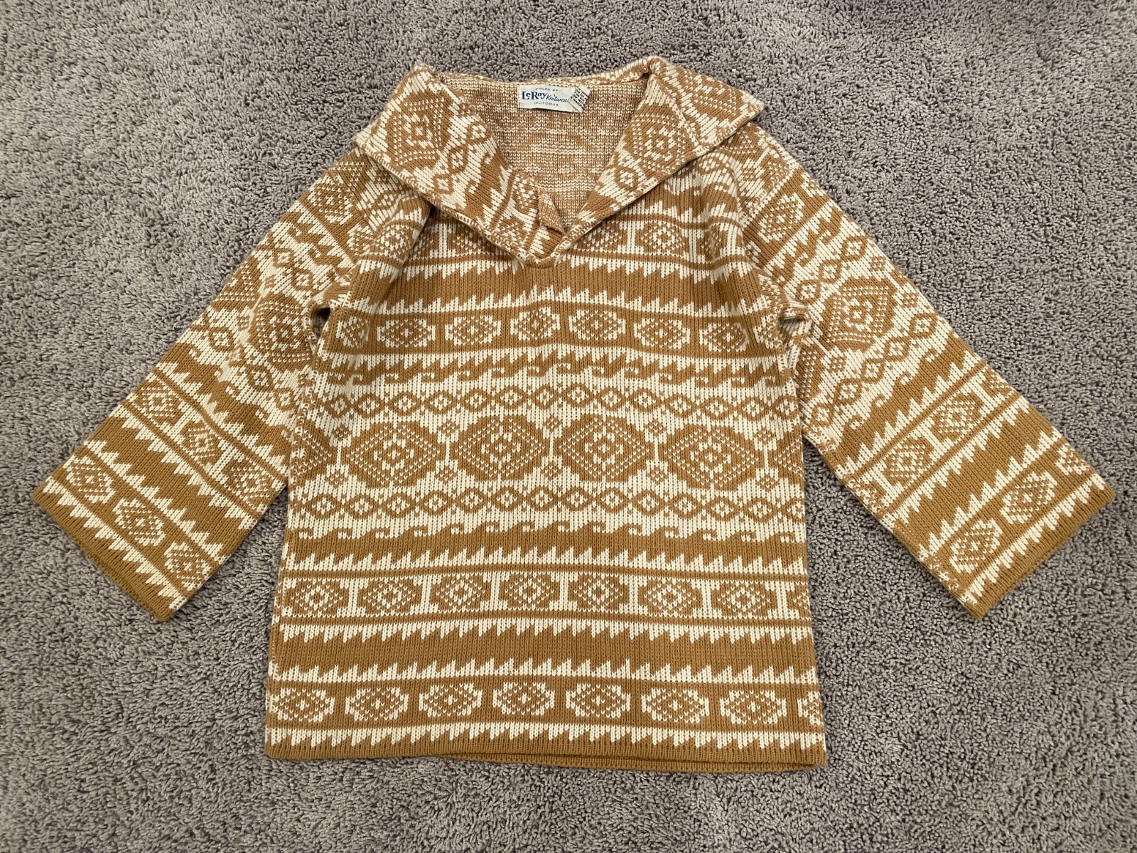 Vintage Leroy Knitwear Geometric Textured Sweater Funnel Neck Button Front 60’s