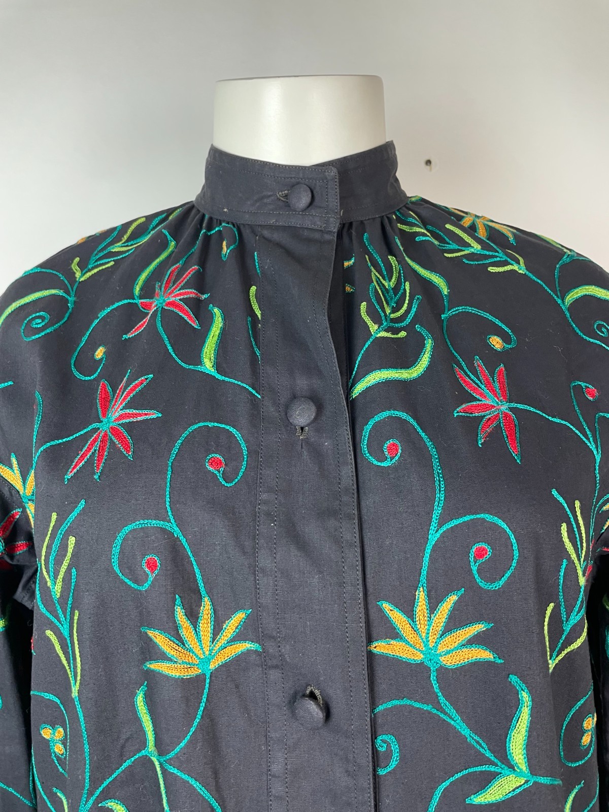 Vintage Y2K High Collar Black Embroidered Long Sleeve cotton shirt Dress M 38″