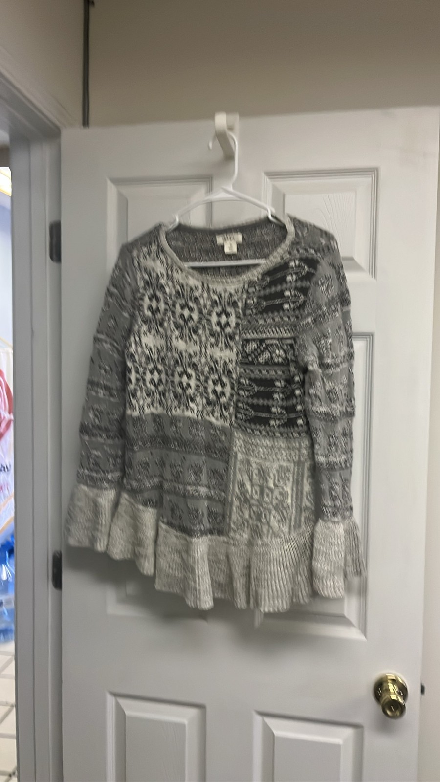 Style & Co Womens Gray White Patchwork Knit Tunic Sweater Ruffled Hem Sz M