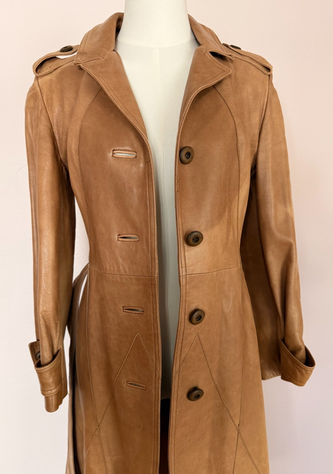 Vintage 100% Leather Trench Coat XS XXS Tan Belted Jacket Handmade in Mexico