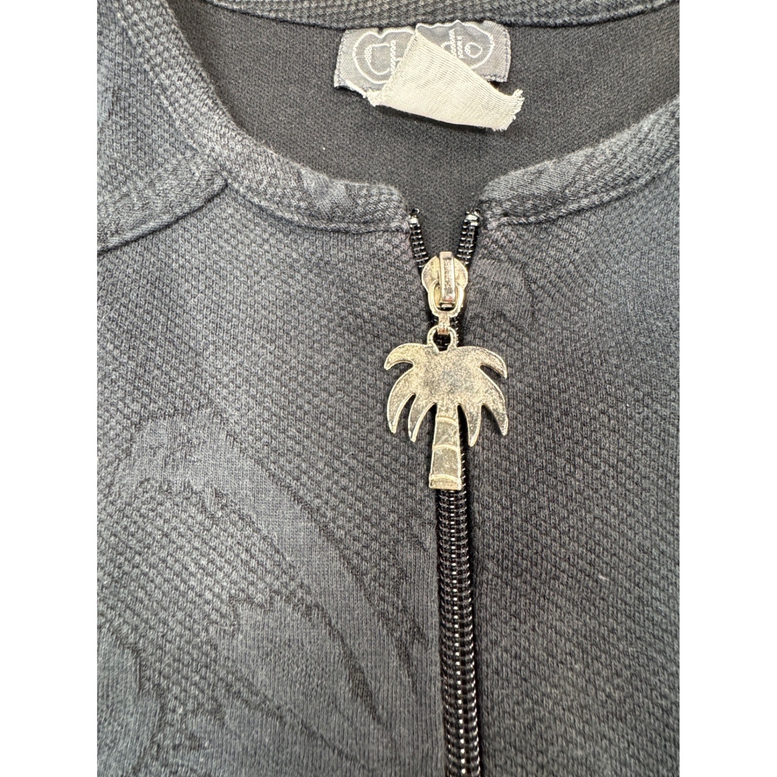 Whimsy Beach Vintage Coastal Knit Zip Up Tunic Women M Black Palm Tree Jacquard