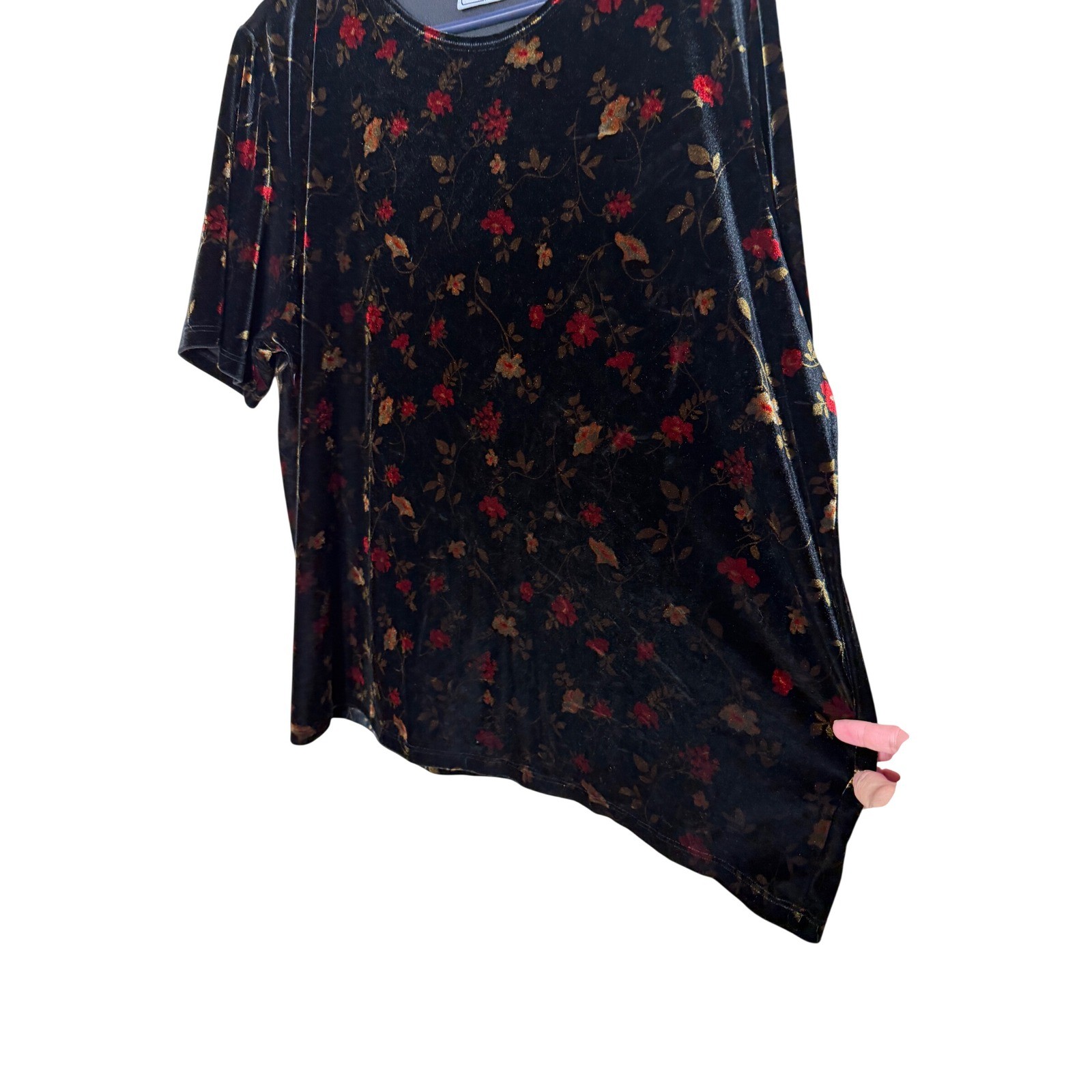 Vintage Impressions of California Black Velvet Floral Short Sleeve Top Blouse XL