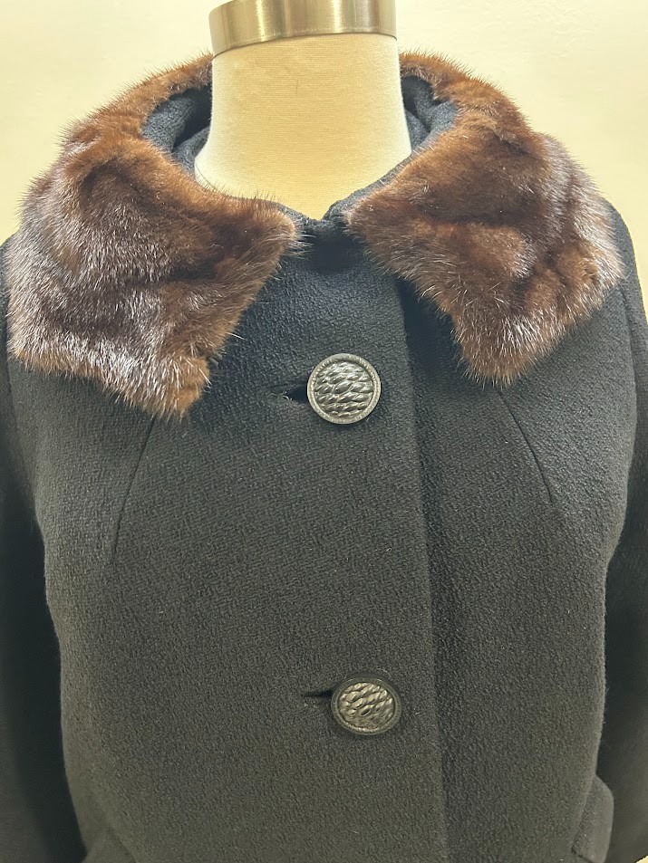VTG ILGWU Union Made Wool Opera Swing Overcoat Black Fur Collar Women Sz 2XL