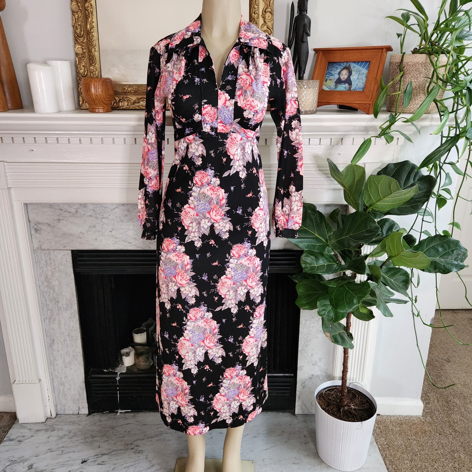 Vintage 70s Black Floral Dress Size S Maxi Cottagecore Stretch Empire Waist Boho