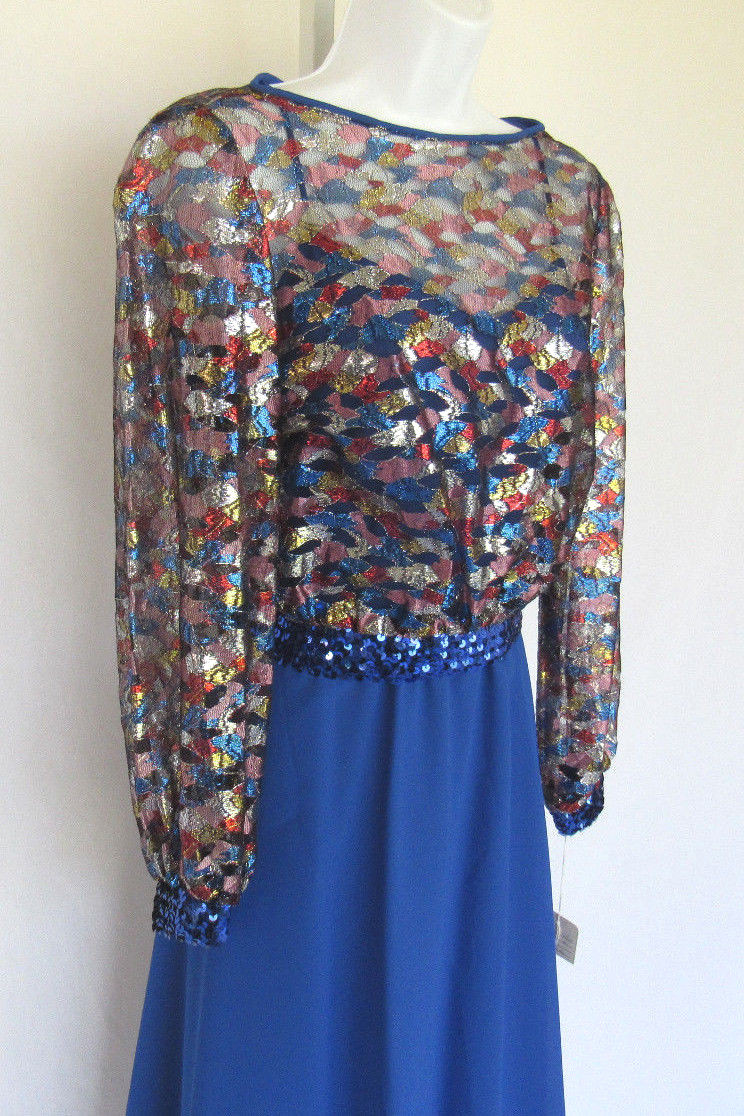 VINTAGE 1960s MARIE TORELLI DRESS & COVER SIZE 6 BLUE POLY ACETATE METALLIC NWT