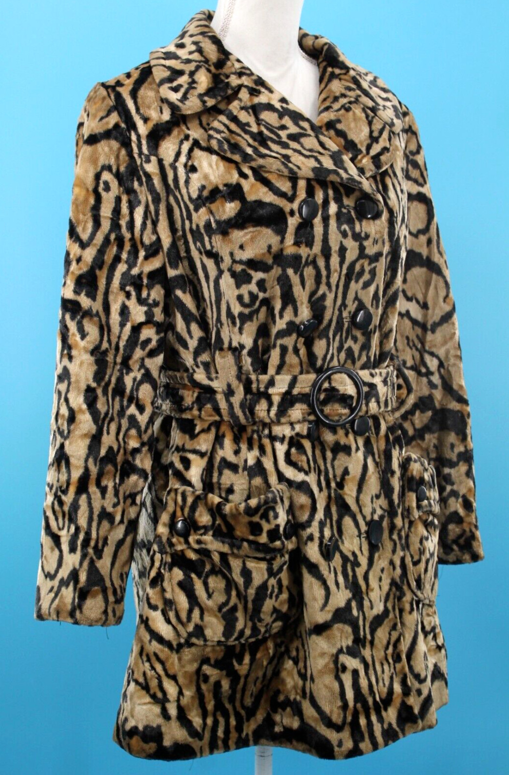 VTG Women’s 60s Jaguar Print Velvet Coat W/ Large Pockets & Belt Sz M/L 1960s