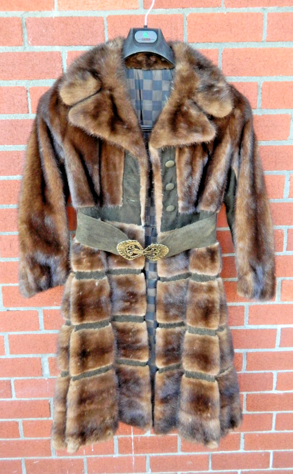 Vintage Real Mink Fur & Suede Metal Belted Coat Mod Paneled Design AS IS Medium