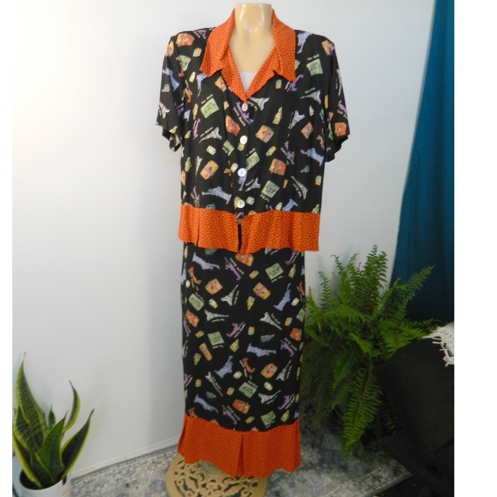 Nicole Marie Skirt Set Women XL Black Travel Novelty Print Rayon 90s Vintage USA
