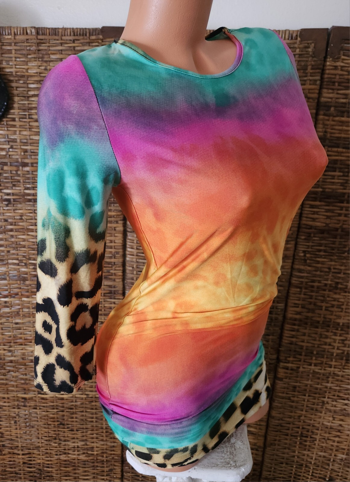 Vintage Audition Y2K Sunset Jungle Rainbo Stretch Body Con Party Mini Dress Sz M