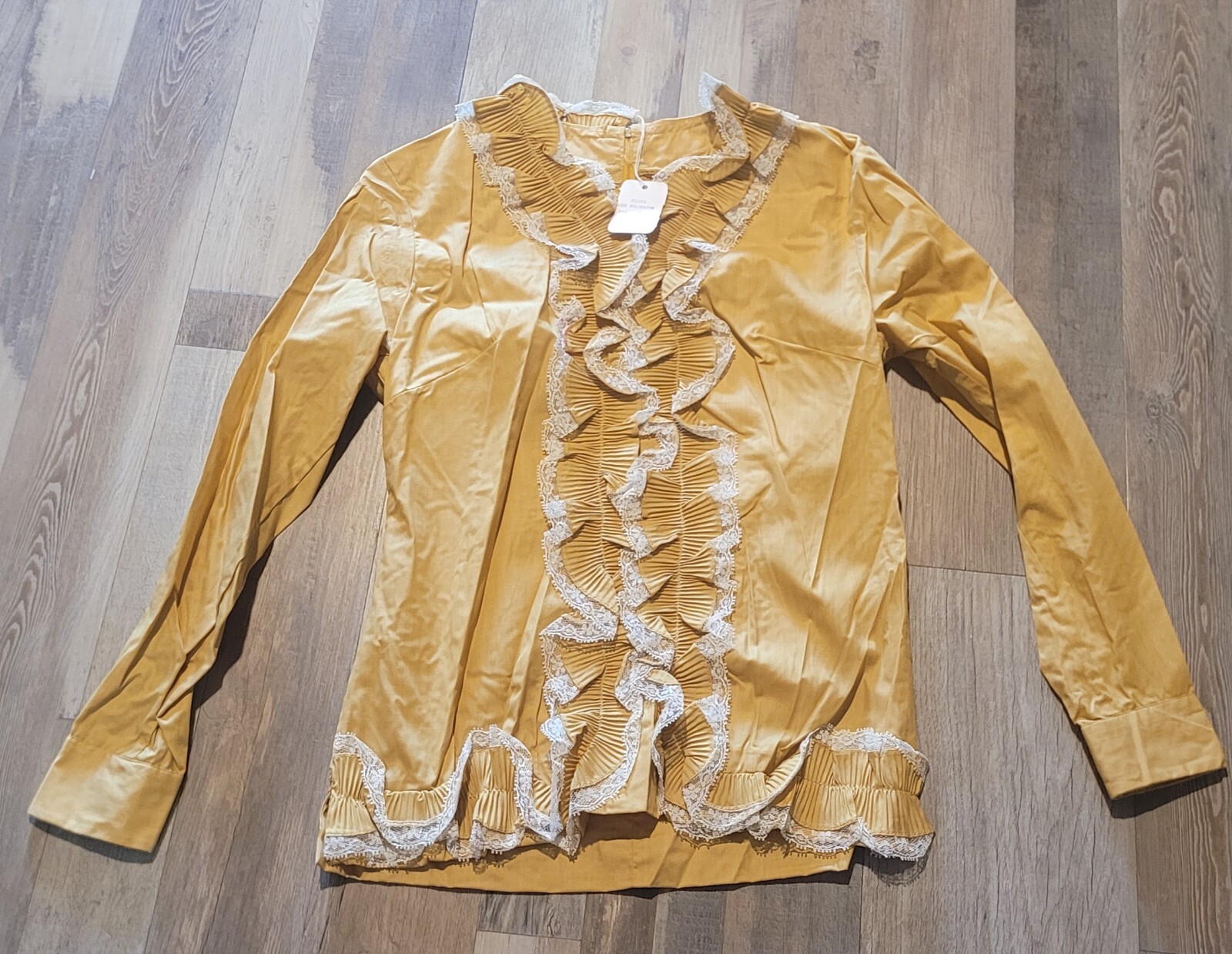 New Vintage H Bar C Womens Yellow Mustard Victorian Ruffle Blouse Shirt Lace