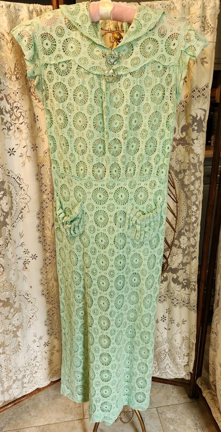 1930s Aqua Cotton Crochet Lace Dress with Cap Sleeves and Pockets XS