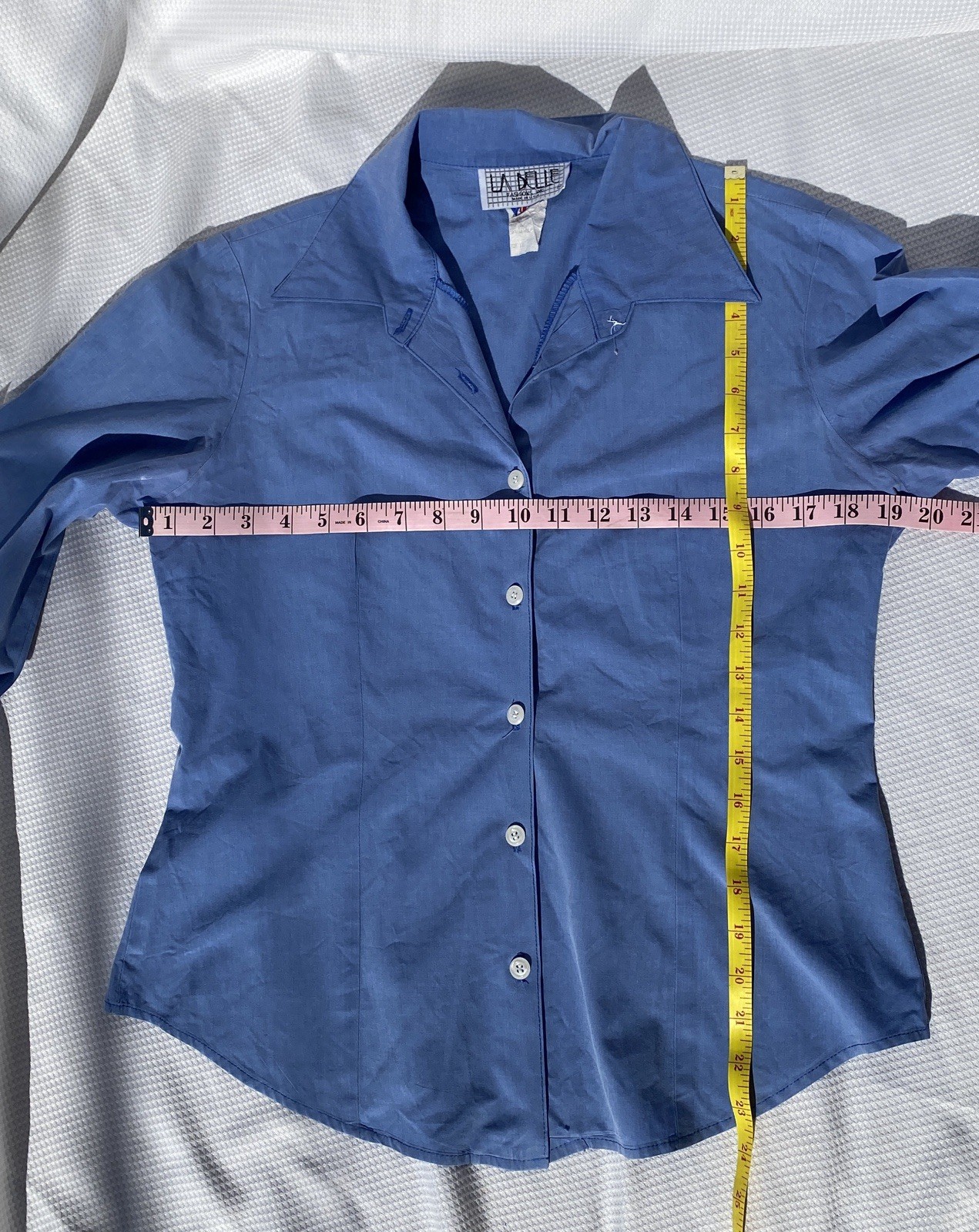 Vintage Ladies Button Up Blouse 100% Cotton By La Belle Size M Light Blue