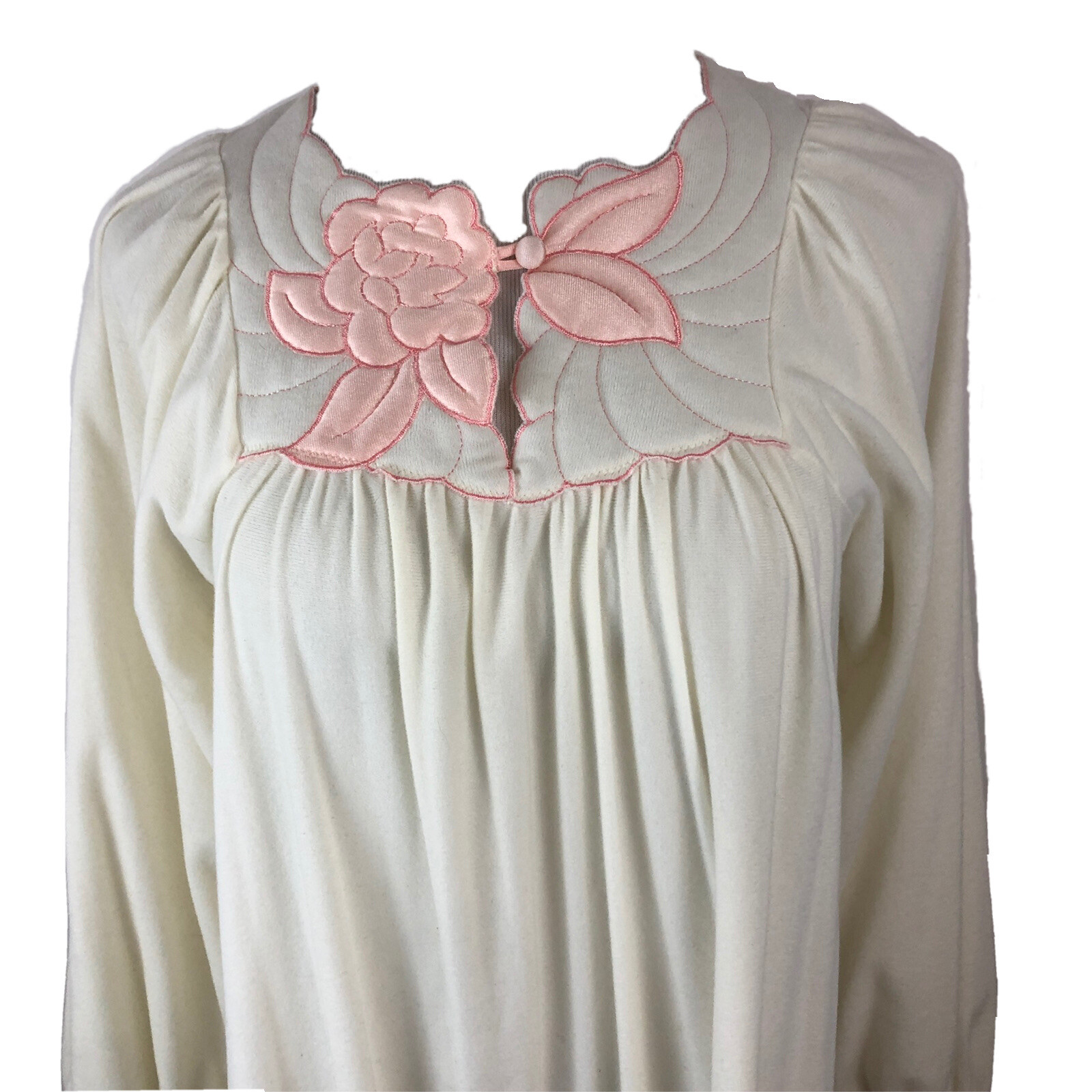 Deadstock Vtg Gilead Women’s M Full Nightgown, Fleece, Cream & Peach 1980’s Deco