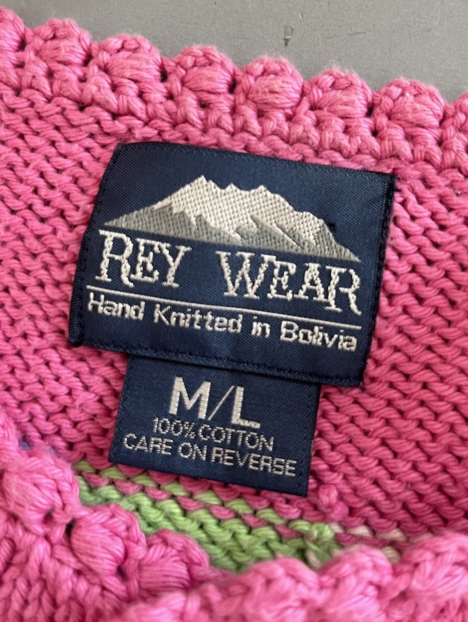 Vtg 90s REY WEAR Bolivian Hand Knit Bold Geo Candy 🍭 Pink Cardigan Sweater-M/L