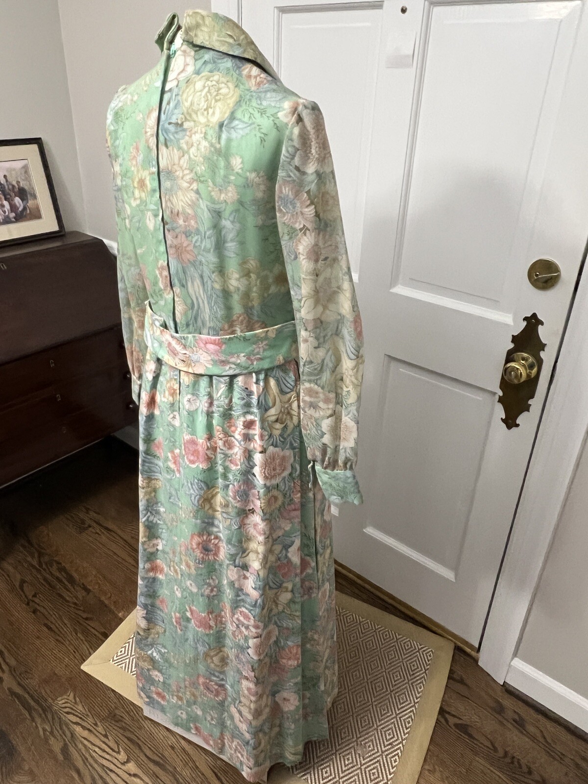 Vtg Eleanor Brenner Floral Long Sleeve 60’s Maxi Dress, Ruffles 32” Waist MCM