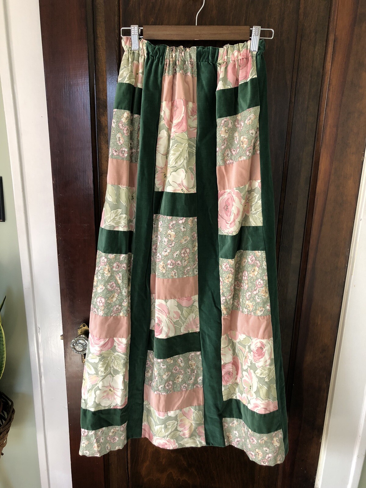 Vintage 60s Mr Hank velvet patchwork maxi skirt Size Small green & pink roses