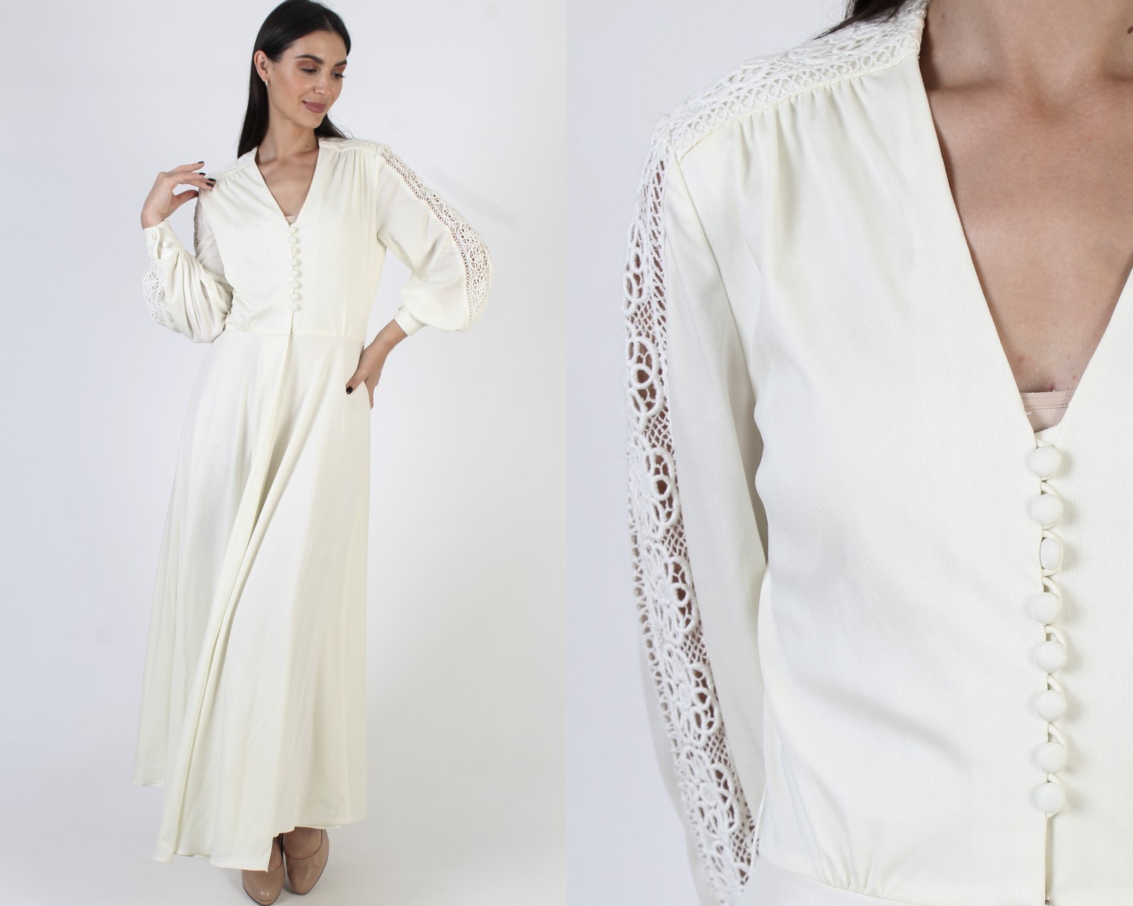Vintage 70s Grecian Goddess Dress Plain Corchet Slv Disco Greek Roman Gown M