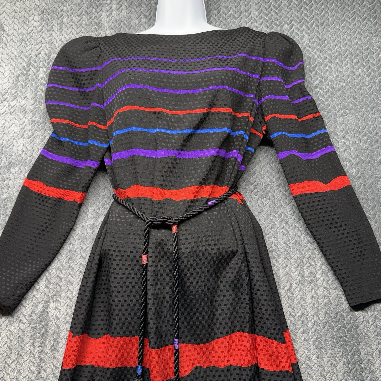 VTG 70s Mollie Parnis Women’s Maxi Dress Medium Black Striped Designer Belted