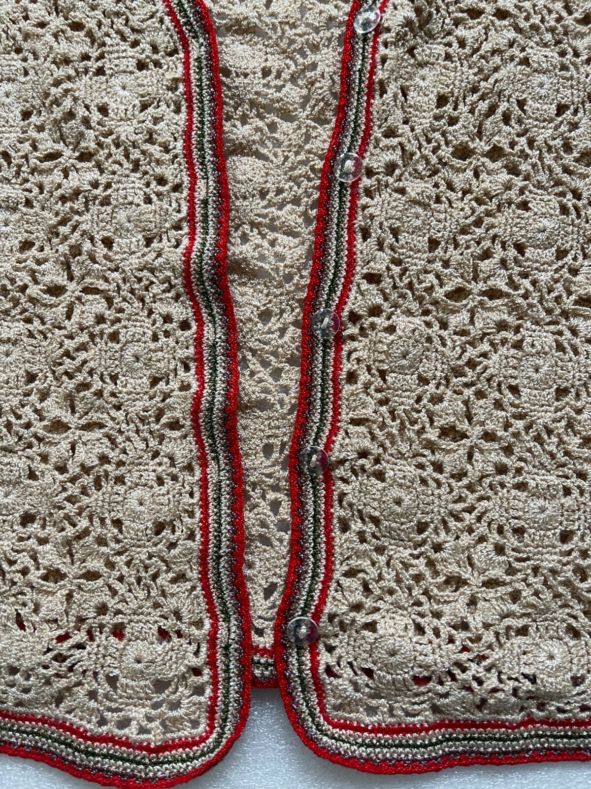 VINTAGE HANDMADE CROCHET BEIGE VEST, BUTTON FRONT, 41″ CHEST 40″ WAIST, L/XL