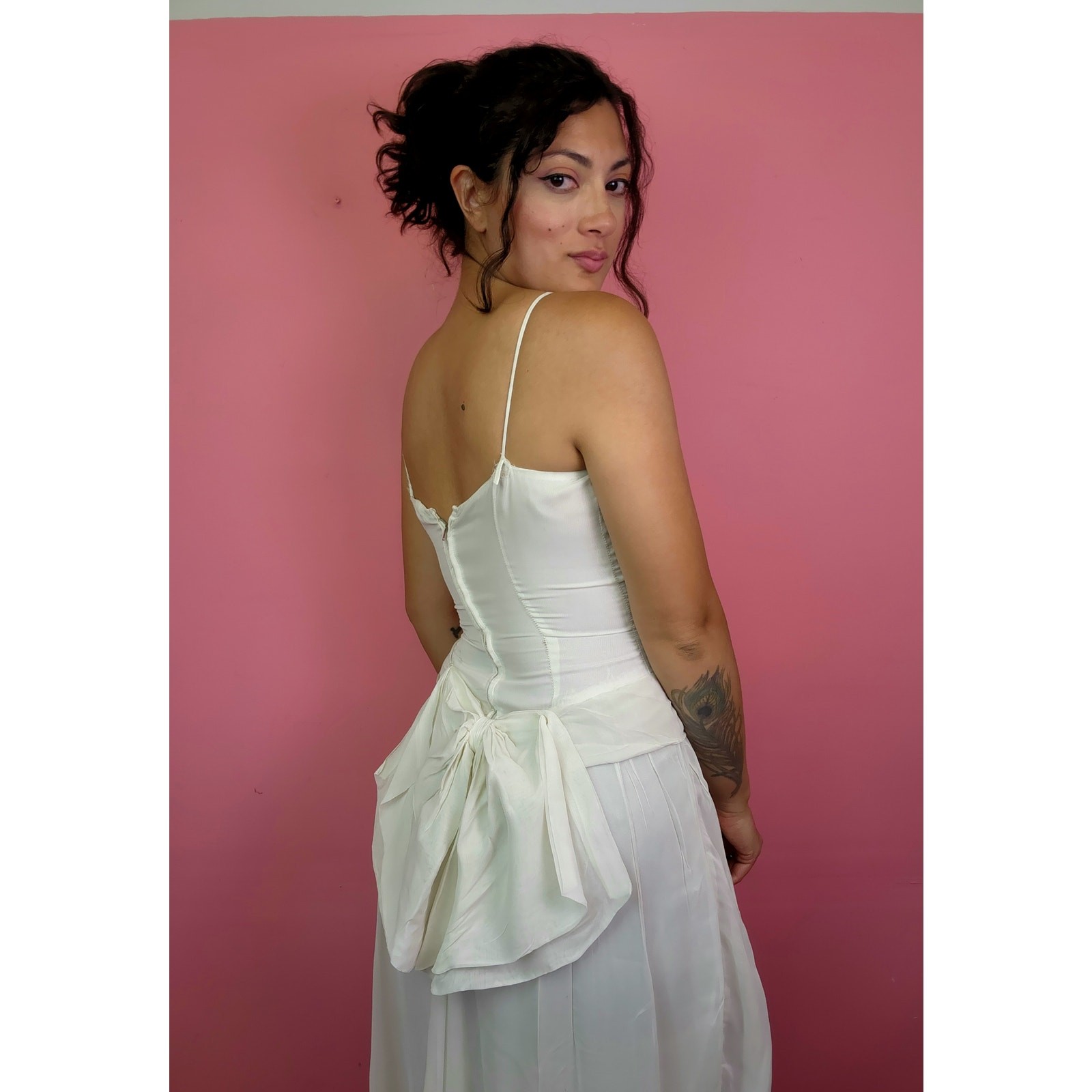 Vintage Late 1940’s White and Silver Sequin Bodice Chiffon Gown with Bow Back