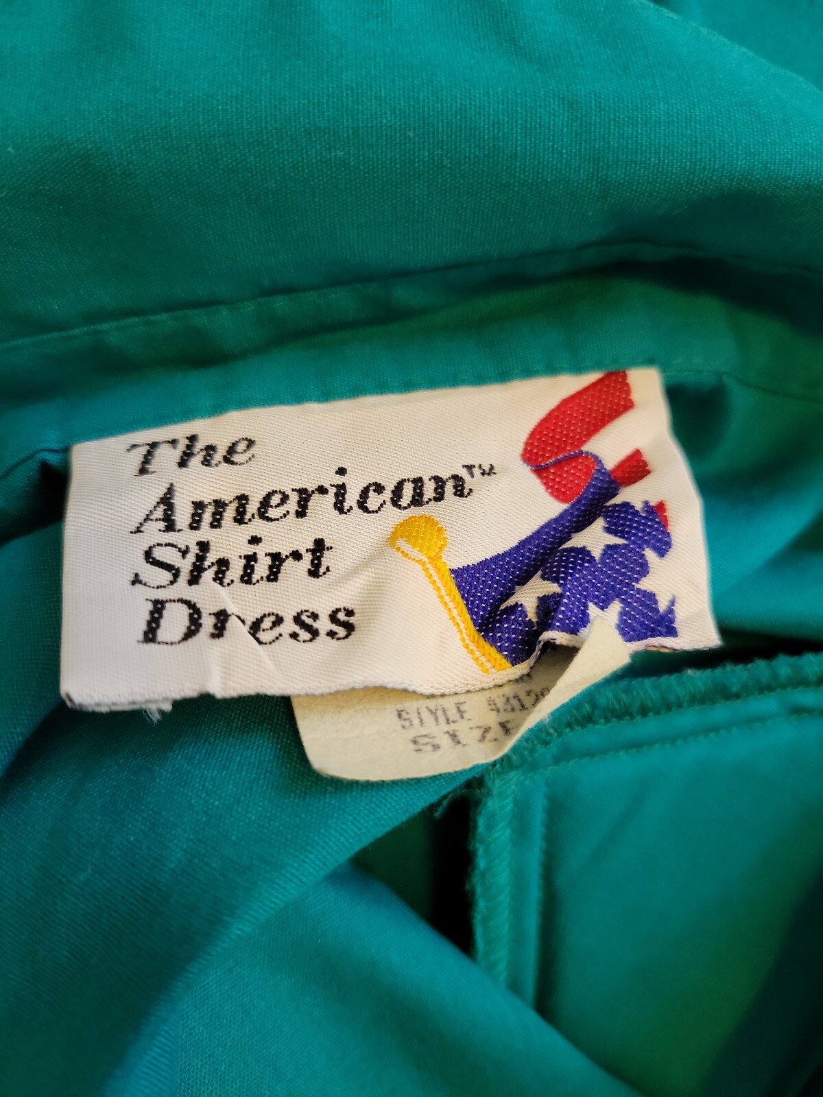 80s VTG USA American Shirt Dress Teal 8 Shoulder Pads