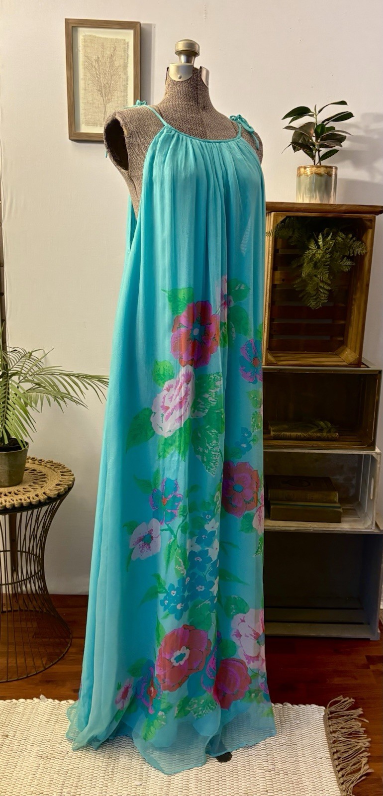 VTG Caroline Charles London 100% Silk Maxi Dress M/L 8-12 Sheer Floral Overlay