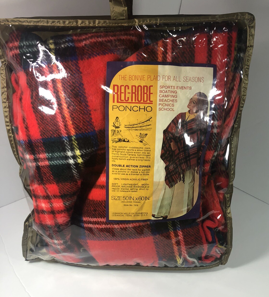 Vintage Rec-Robe Poncho 50”x 60” Black Red Bonnie Plaid w/Zipper & Fringe USA