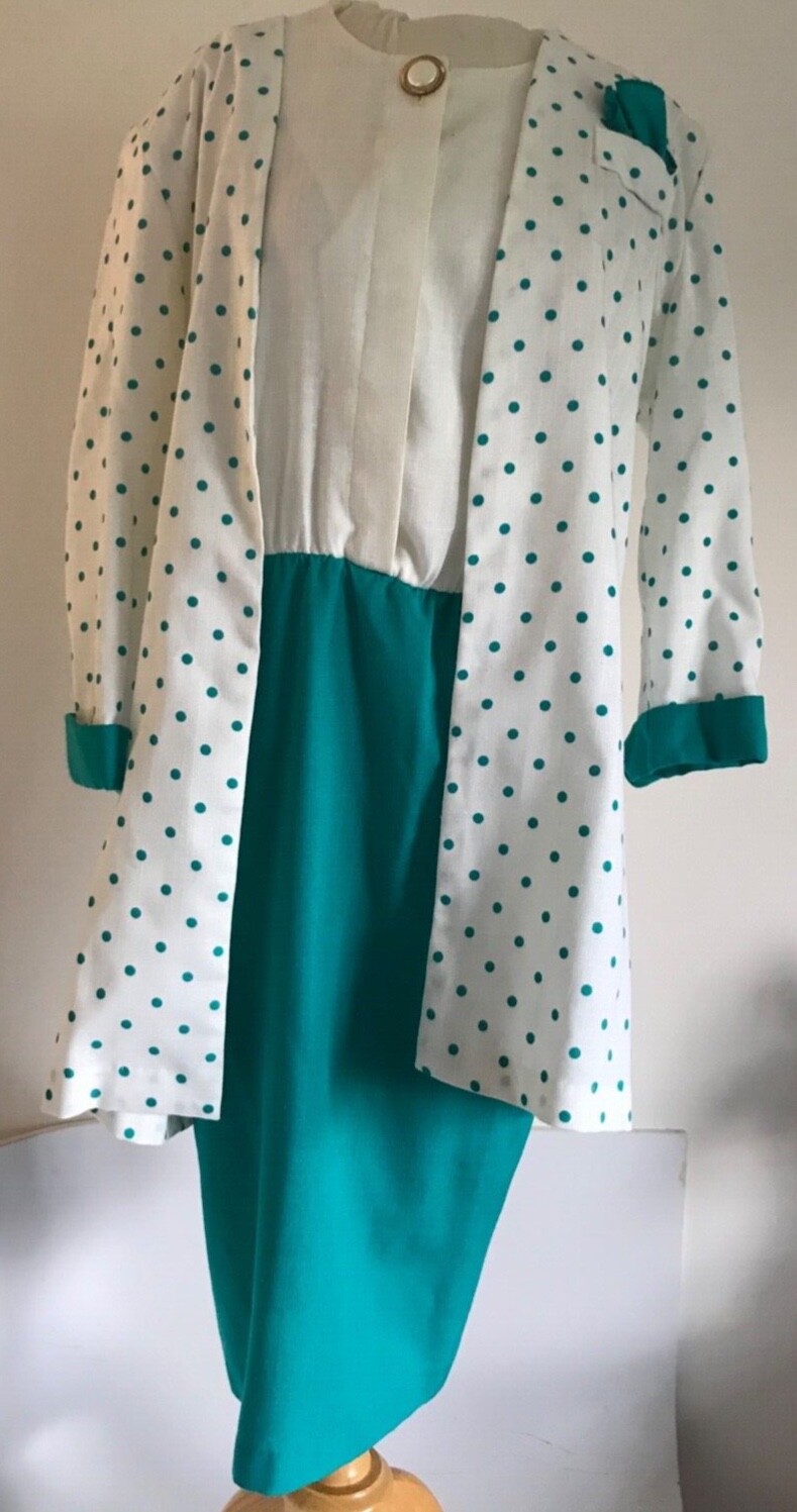 Vintage 2 Piece Green Dress Set Just In Time Petite 14 Dress  Suit Jacket Linen 