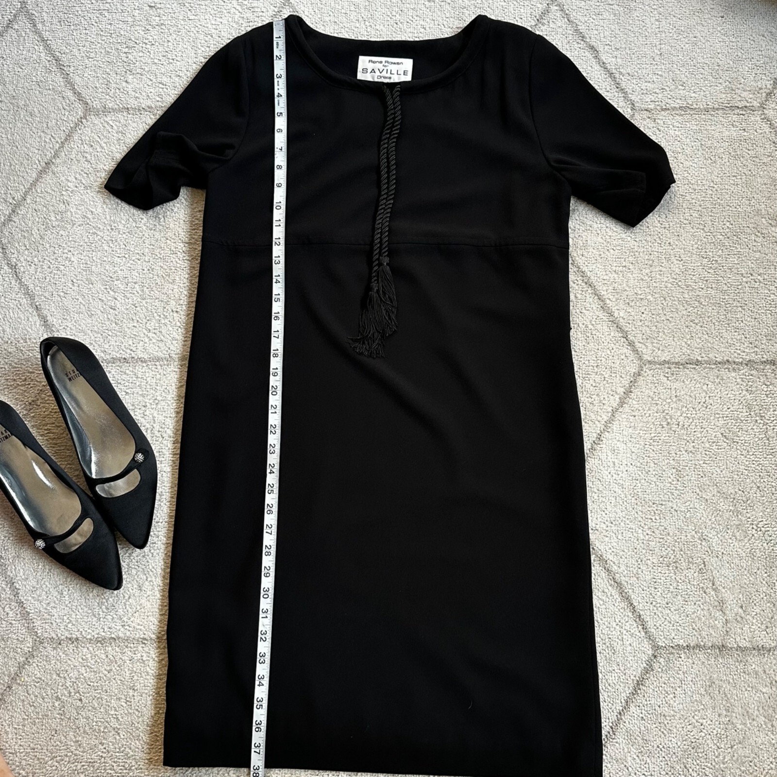 Vintage 80s Rena Rowan for Saville Black Shift Dress Rope Detail Sz 8