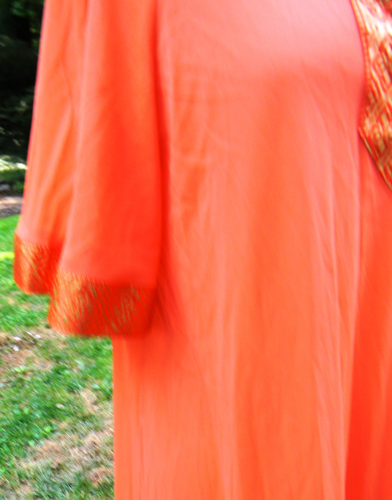Vintage Enka Crepeset Mistee Nightgown Loungewear Orange Gold Trim Caftan Robe M