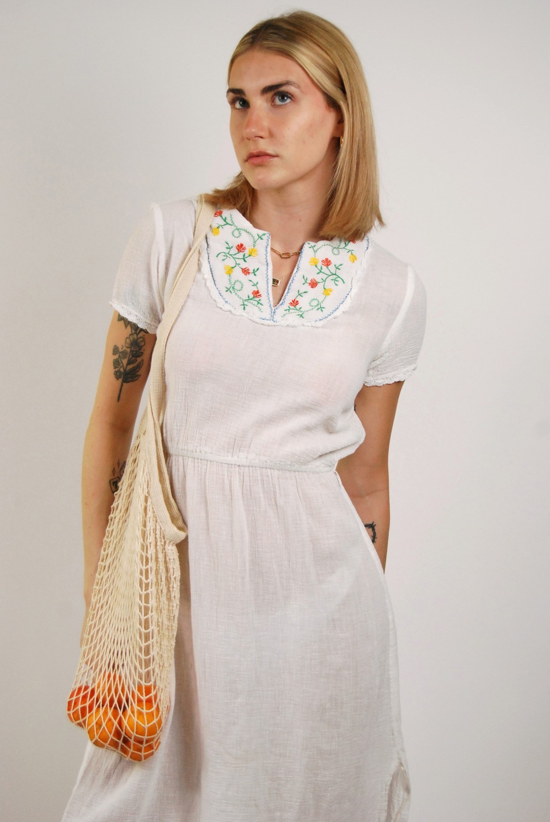 70s Embroidered Dress (S) white gauze midi small vintage folk mexican hippy boho