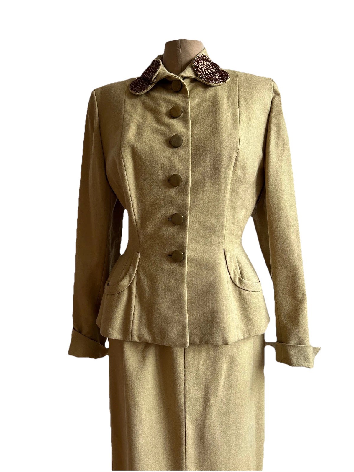 Vintage 1940s Courtshire Fashion Wool 2pc Suit Khaki Tailored Maisel WW2 Era S M