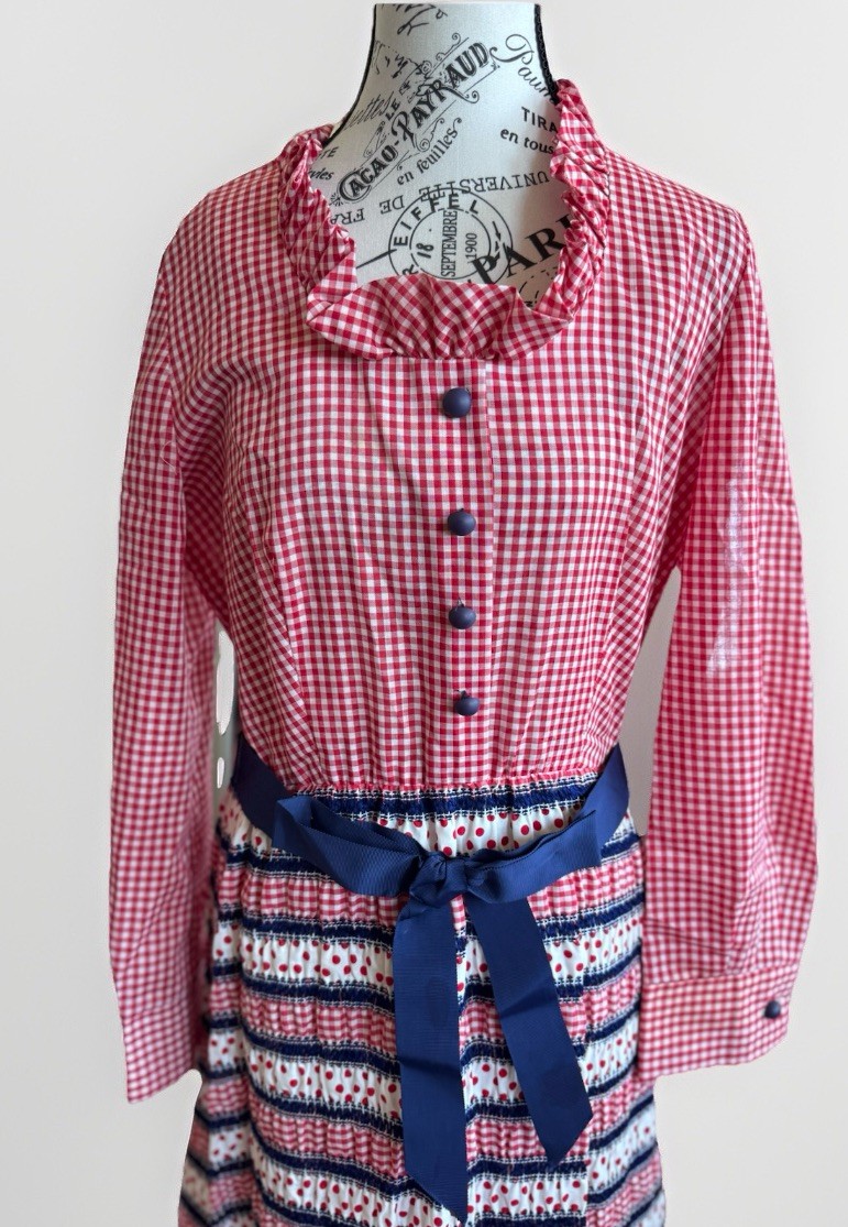 Vintage 70’s Caron Gingham Checkered Ruffle Trim Belt Prairie Boho Cottage Dress