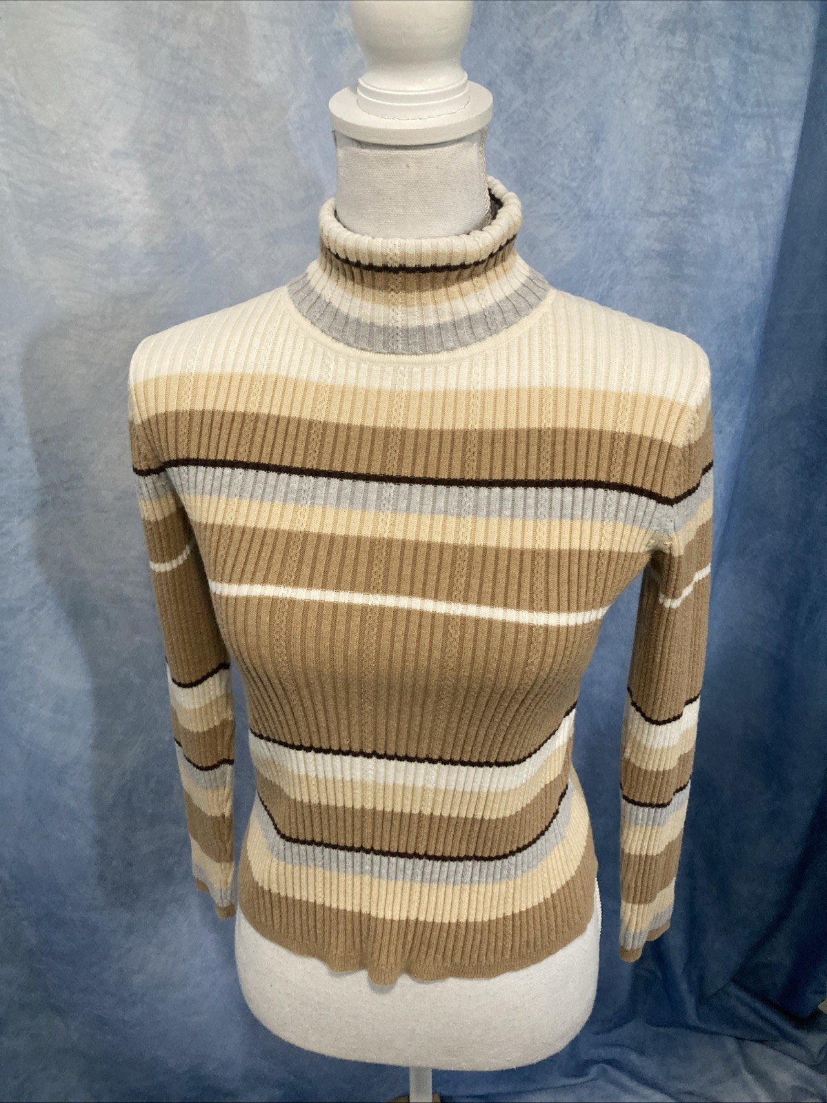 Vtg 90s Liz Claiborne Lizsport Striped Ribbed Turtleneck Sweater Cotton Petite