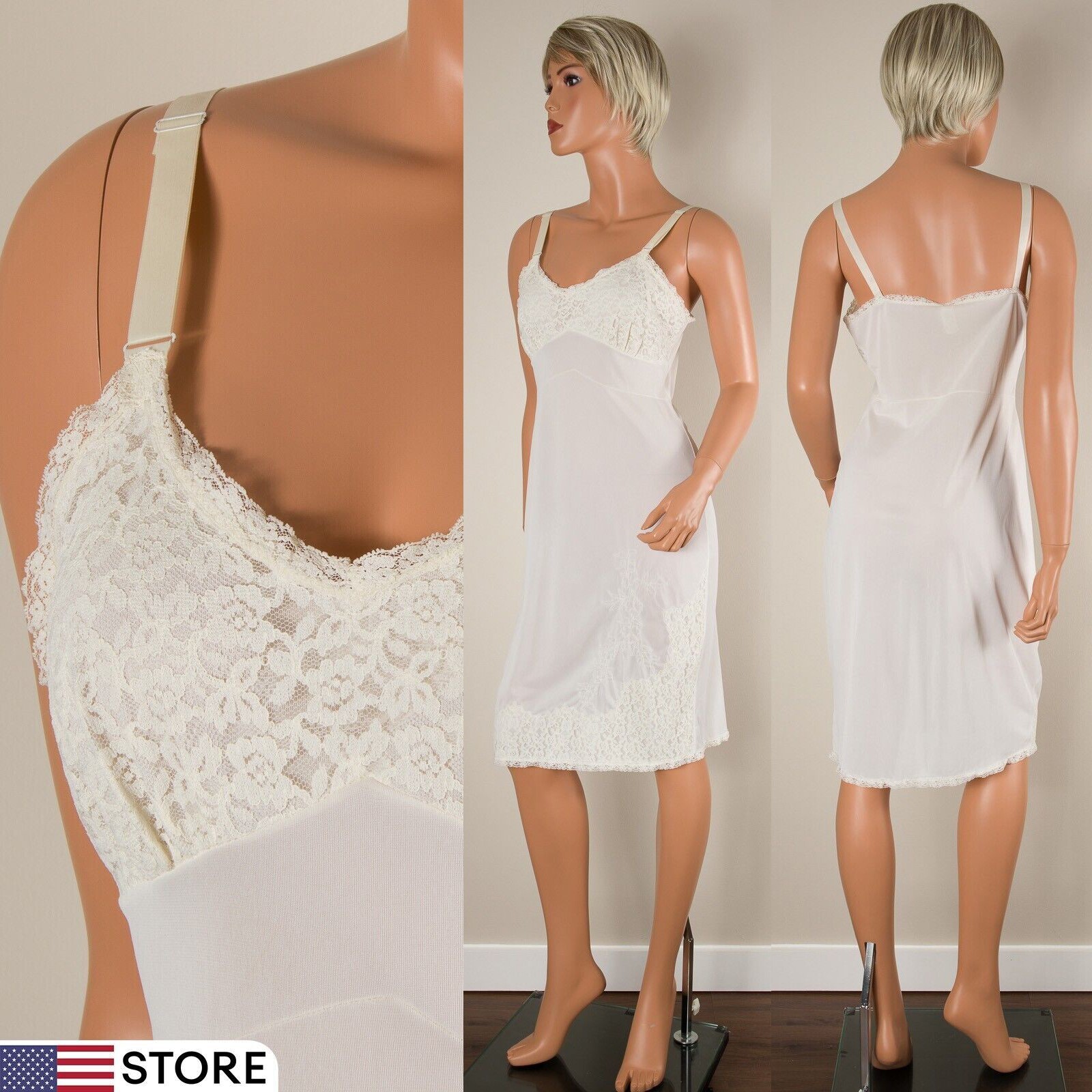 💖 60s ARISTOCRAFT Superior White Full Slip Dress Nylon Floral Applique Lace 36