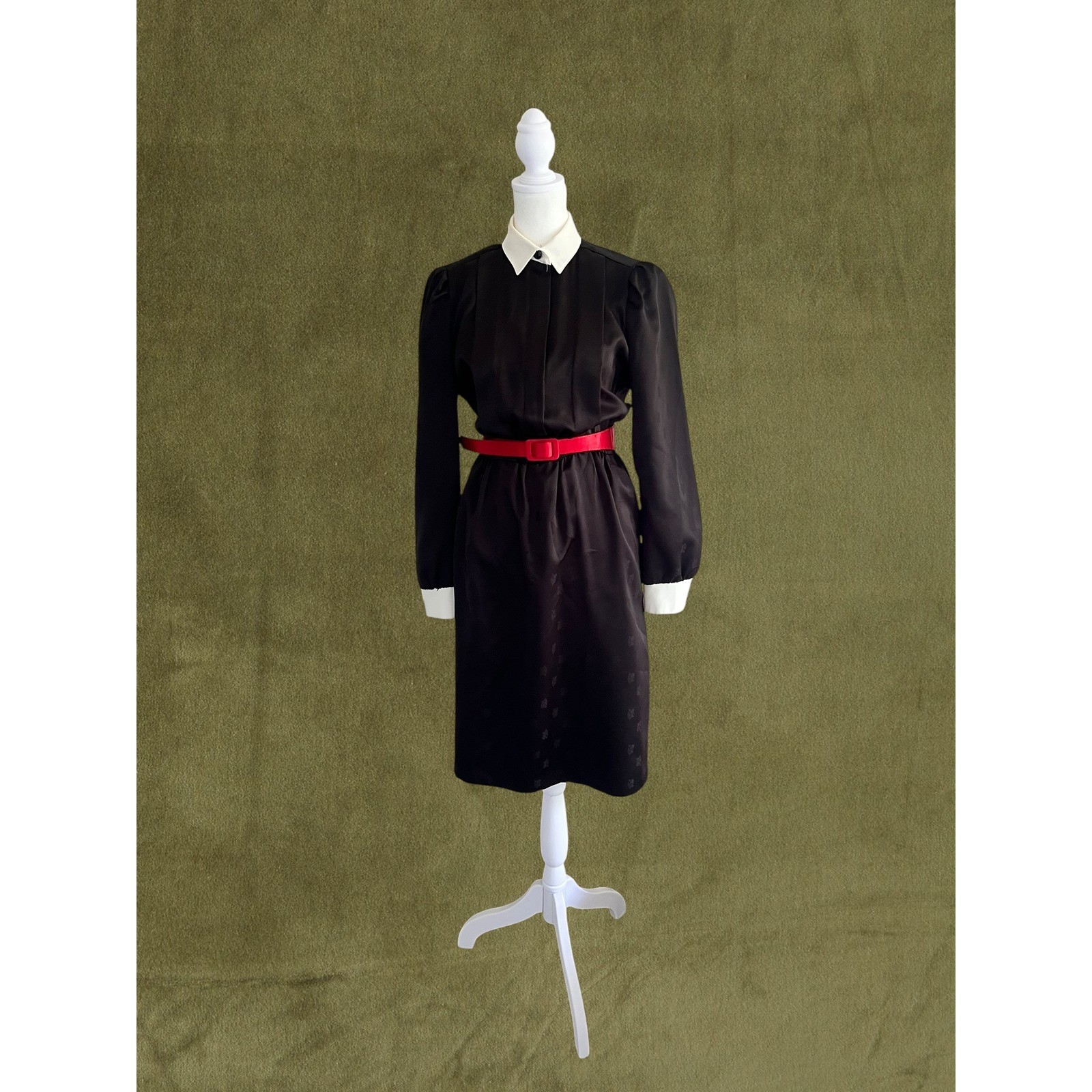 John Roberts Vintage 80s does 40s Black Jacquard Midi Dress Red Belt Sz 10