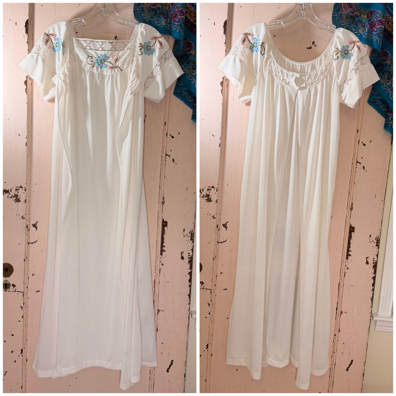 VTG Maxi Robe Nightgown Two Piece Set White Embroidery Lace Trimmed Boho Sm/Med