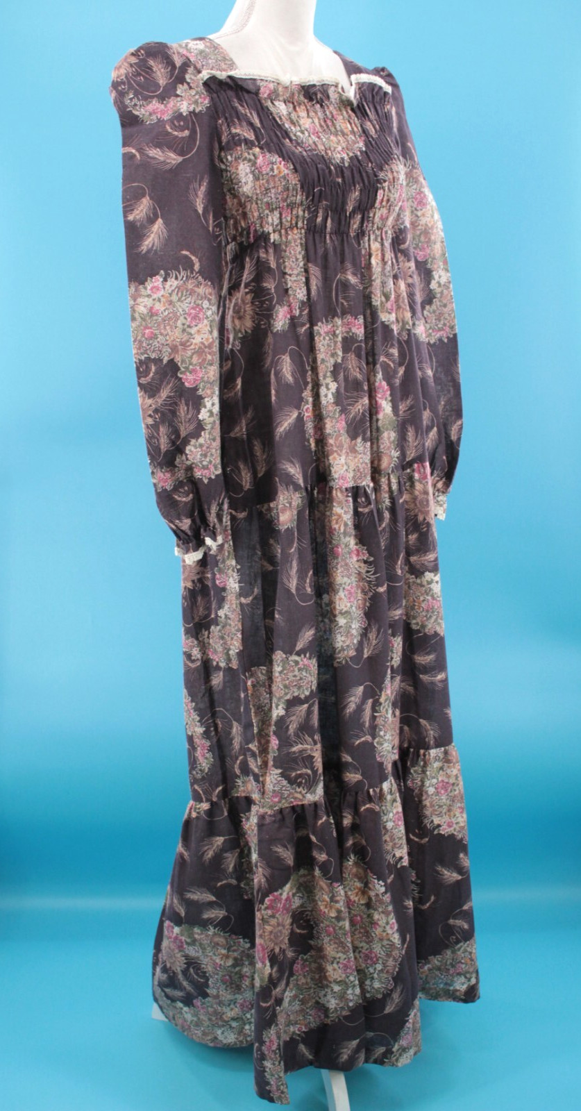 Vtg Women’s 70s Eggplant & Brown Floral Peasant Prairie Maxi Dress XXS/XS 1970s